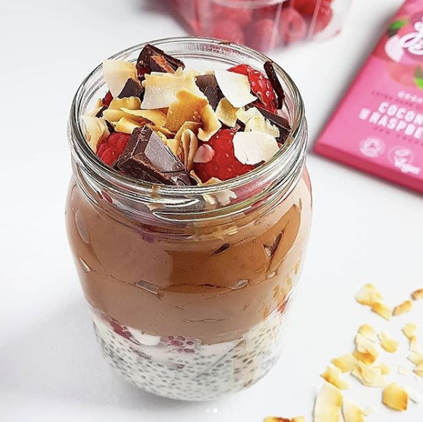 Raspberry & Coconut Chia Pudding with Chocolate Mousse