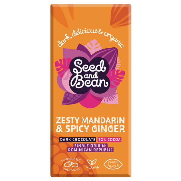 Zesty Mandarin & Spicy Ginger Extra Dark Chocolate 75g Bar (72% Cocoa)