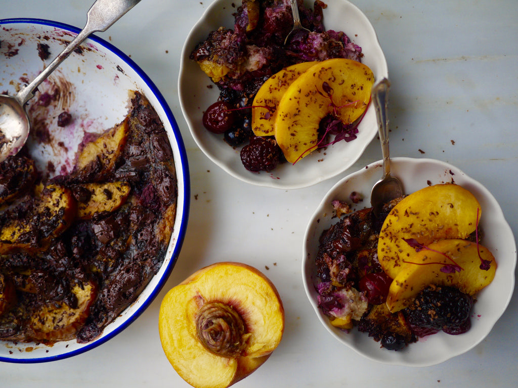 Baked Oats with Peaches, Berries and Chocolate