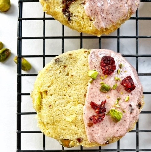 Raspberry and Pistachio Shortbreads Dipped in Chocolate