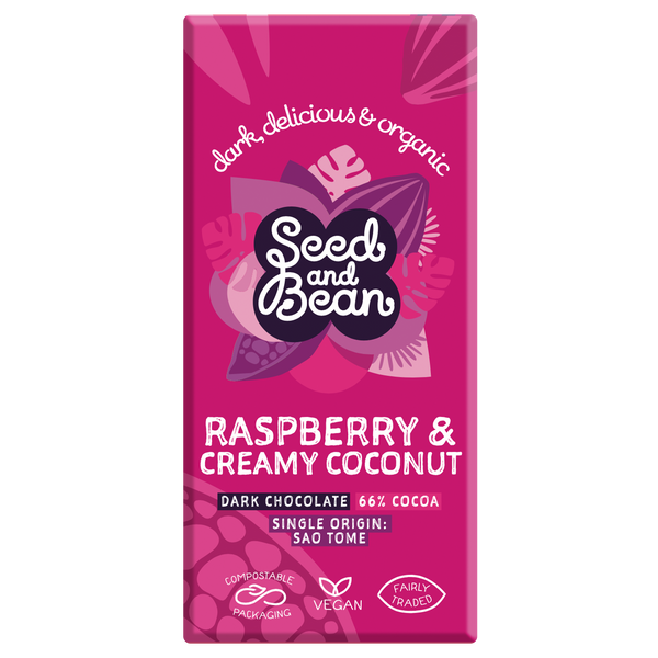 Raspberry  & Creamy Coconut Extra Dark Chocolate 75g Bar (66% Cocoa)